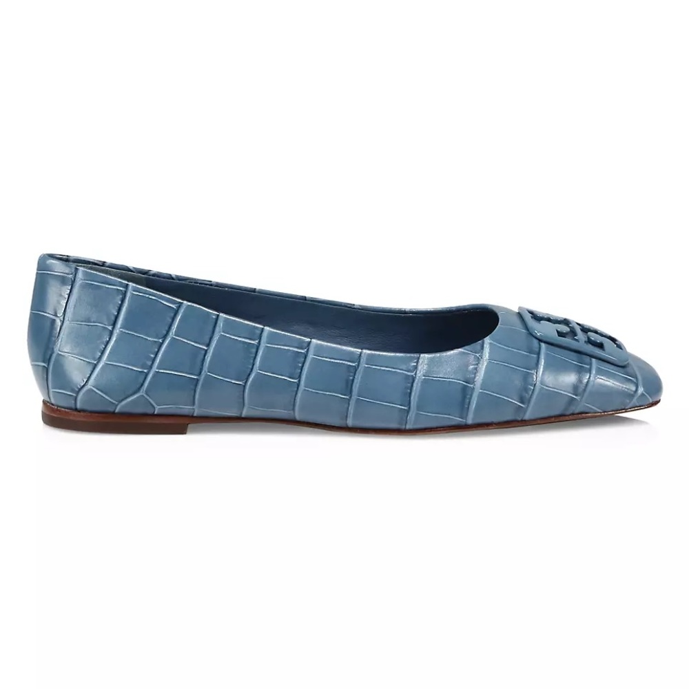 Tory Burch Georgia Square-Toe Croc-Embossed Leather Ballet Flats Denim Blue S10